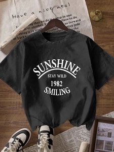 T-shirt noir décontracté pour femme avec col rond et imprimé vintage sunshine chic