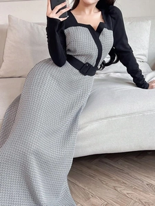 Elegant long sleeve dress featuring square neck, houndstooth pattern and matching belt