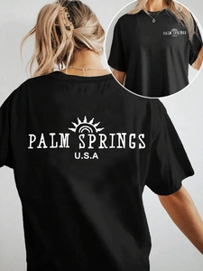 Women's black cotton Palm Springs USA graphic print casual loose short sleeve t-shirt