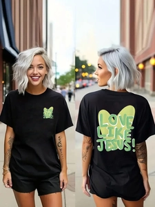T-Shirt Décontracté à Col Rond et Manches Courtes pour Femmes Love Like Jesus Imprimé Cœur Coupe Ample Mi-Long Streetwear