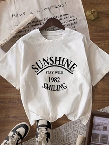 T-Shirt Décontracté à Col Rond et Manches Courtes pour Femmes Imprimé Lettres Sunshine Vintage Haut en Polyester