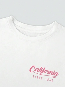T-shirt blanc à col rond avec imprimé California Since 1850 rose sur la poitrine