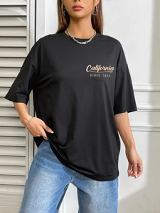 T-shirt noir oversize avec imprimé California 1850 et col rond au style décontracté