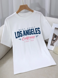 Women's Casual Brushed Milk Silk T-Shirt Vintage Los Angeles Letter Print Round Neck Short Sleeve Loose Sporty Top