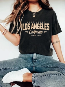 Women's dark grey Los Angeles print T-shirt with a vintage wash and crew neck design