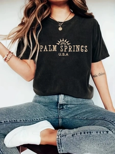 Women's Retro Palm Springs Sun Printed T-Shirt Round Neck Short Sleeve Loose Fit Brushed Milk Silk Streetwear Top