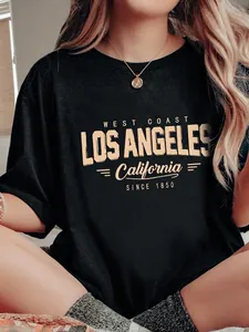 Women's black round neck T-shirt featuring vintage Los Angeles California print design