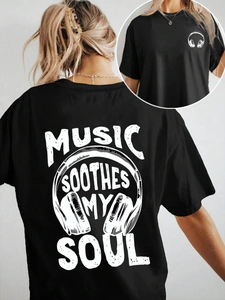 T-shirt noir en coton pour femme avec motif Music Soothes My Soul et imprimé casque audio