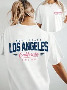 T-Shirt Oversize pour Femmes Imprimé Graphique California Los Angeles Manches Courtes Col Rond Casual Streetwear
