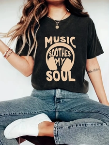 T-Shirt Décontracté pour Femmes Music Soothes My Soul Graphique Col Rond Manches Courtes Streetwear d'Été Ample