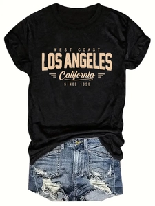 Women's black cotton crew neck T-shirt with vintage Los Angeles graphic print