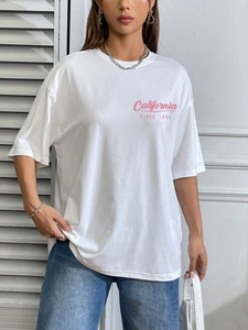 T-shirt blanc oversize pour femme avec imprimé California rose et col rond classique