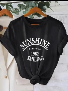T-Shirt Femme Décontracté Col Rond Manches Courtes American Vintage Imprimé Lettres Ourlet Noué Top Été Ample Longueur Moyenne