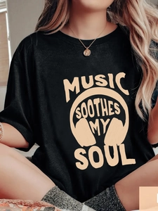 T-shirt femme noir en coton ample avec imprimé graphique Music Soothes My Soul