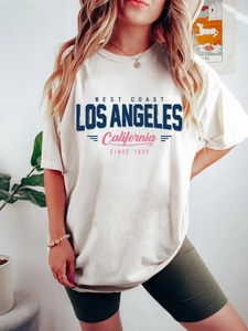 Women Casual Los Angeles California Letter Print Short Sleeve T-Shirt Loose Round Neck Summer Top Vintage Streetwear