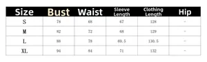 Size chart for women's long sleeve dress with S to XL bust, waist, and length measurements