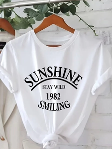 T-shirt blanc en coton pour femme avec imprimé Sunshine et nœud élégant à la taille