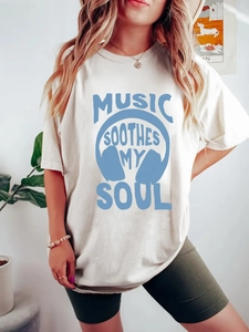 T-shirt oversize femme beige à col rond avec motif graphique bleu Music Soothes
