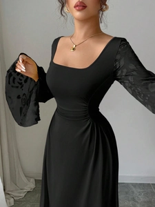 Elegant black square neck dress with vintage sheer lace bell sleeves and a slim waistline