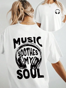 T-Shirt Décontracté Oversize pour Femmes Col Rond Manches Courtes Imprimé Graphique Casque Lettres Thème Musique Top Ample