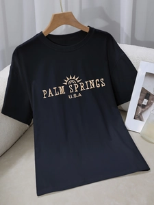 Women Casual Palm Springs Letter Sunburst Print T-Shirt Round Neck Short Sleeve Straight Fit Polyester Top For Summer Daily