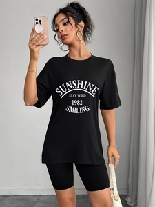Women's Casual Printed T-Shirt Loose Fit Crew Neck Short Sleeve Top Street Style Polyester Comfortable Daily Sporty Tee