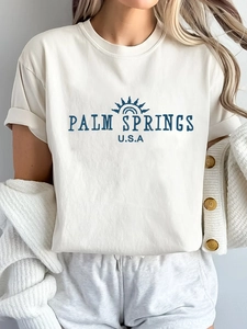 Women's cream round neck short sleeve Palm Springs printed t-shirt in casual style