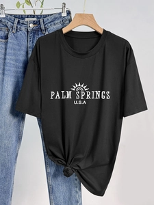 T-Shirt à Manches Courtes et Col Rond pour Femmes Imprimé Lettre Palm Springs Graphique Soleil Décontracté Mode Top Été