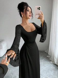 Elegant black square neck dress with flared jacquard sleeves and slim fit design