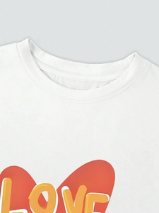 White crew neck cotton T-shirt featuring a red heart and 3D LOVE graphic print