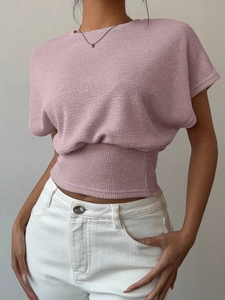 T-Shirt Élégant en Tricot Gaufre pour Femme Col Rond Manches Courtes Top Cintrée Été Décontracté Mode Rose Lotus
