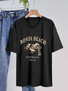 Women's black cotton T-shirt featuring Bondi Beach graphic print and casual round neck