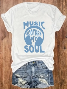 T-shirt blanc en coton pour femme avec imprimé musique bleu et col rond classique