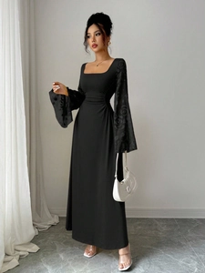 Elegant black square neck maxi dress with 3D floral embroidery on mesh bell sleeves