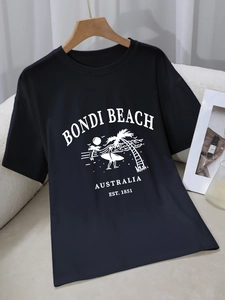 Women's black crew neck cotton T-shirt with Bondi Beach Australia graphic print