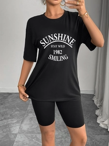 Women's black casual t-shirt and biker shorts set with white sunshine graphic print