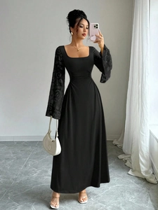 Women Elegant Black Maxi Dress Square Neck Flare Sleeve Floral Lace Mesh Slim Ruched Retro Evening Party Long Dress