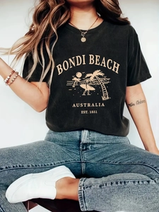 T-Shirt Vintage Bondi Beach Australia pour Femmes Décontracté Col Rond Manches Courtes Streetwear Été Top en Soie de Lait