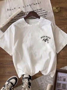 Minimalist white crew neck cotton T-shirt with black Bondi Beach print and tropical graphics