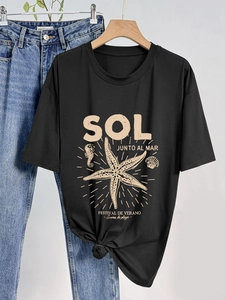 Women's black casual round neck T-shirt with marine prints and knotted hem style