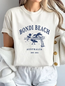 T-shirt crème pour femme avec imprimé Bondi Beach, manches courtes et coupe décontractée