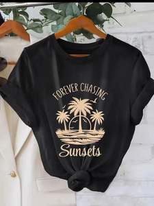 Women's Casual Round Neck Short Sleeve Forever Chasing Sunsets Print Loose Polyester T-Shirt Knotted Hem Summer Streetwear Top