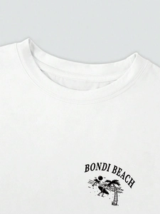 Women's white cotton t-shirt with Bondi Beach surf graphic and comfortable round neck