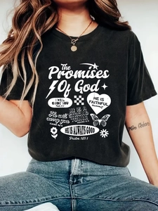 Women's vintage washed black graphic T-shirt with The Promises Of God print and crew neck