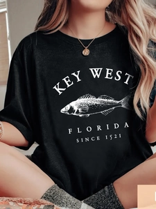 Women's black oversized cotton T-shirt with Key West Florida graphic print design