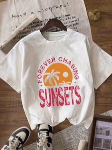 Women's Casual Retro Tropical Sunset Palm Tree Print T-Shirt Round Neck Short Sleeve Milk Silk Polyester Loose Top