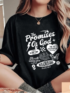 Women's black loose fit crew neck t-shirt with The Promises Of God religious print