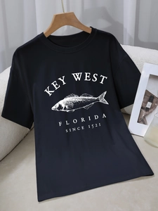 Women Vintage Key West Florida Fish Print T-Shirt Round Neck Short Sleeve Loose Casual Summer Top Streetwear