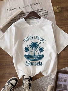 Women Short Sleeve T-Shirt Forever Chasing Sunsets Palm Tree Print Round Neck Loose Casual Polyester Streetwear Tee Top