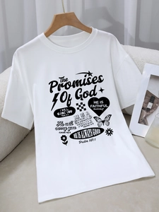Women's white crewneck short sleeve cotton t-shirt with black religious typography print